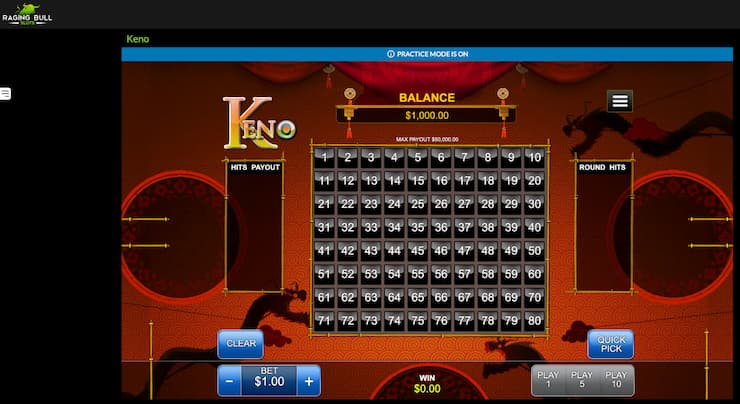 A screenshot of a keno game at Raging Bull, one of the best online keno casinos for playing keno online.